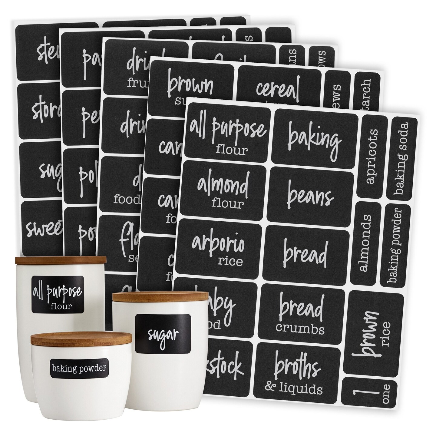 136 Pieces Chalkboard Pantry Labels for Food Containers, Preprinted White Script on Black