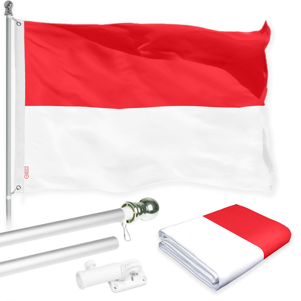 G128 Combo Pack: 6 Ft Tangle Free Spinning Flagpole (Silver) &#x26; Indonesia Flag 3x5 Ft Printed 150D Polyester, Brass Grommets (Flag Included) Aluminum Flag Pole