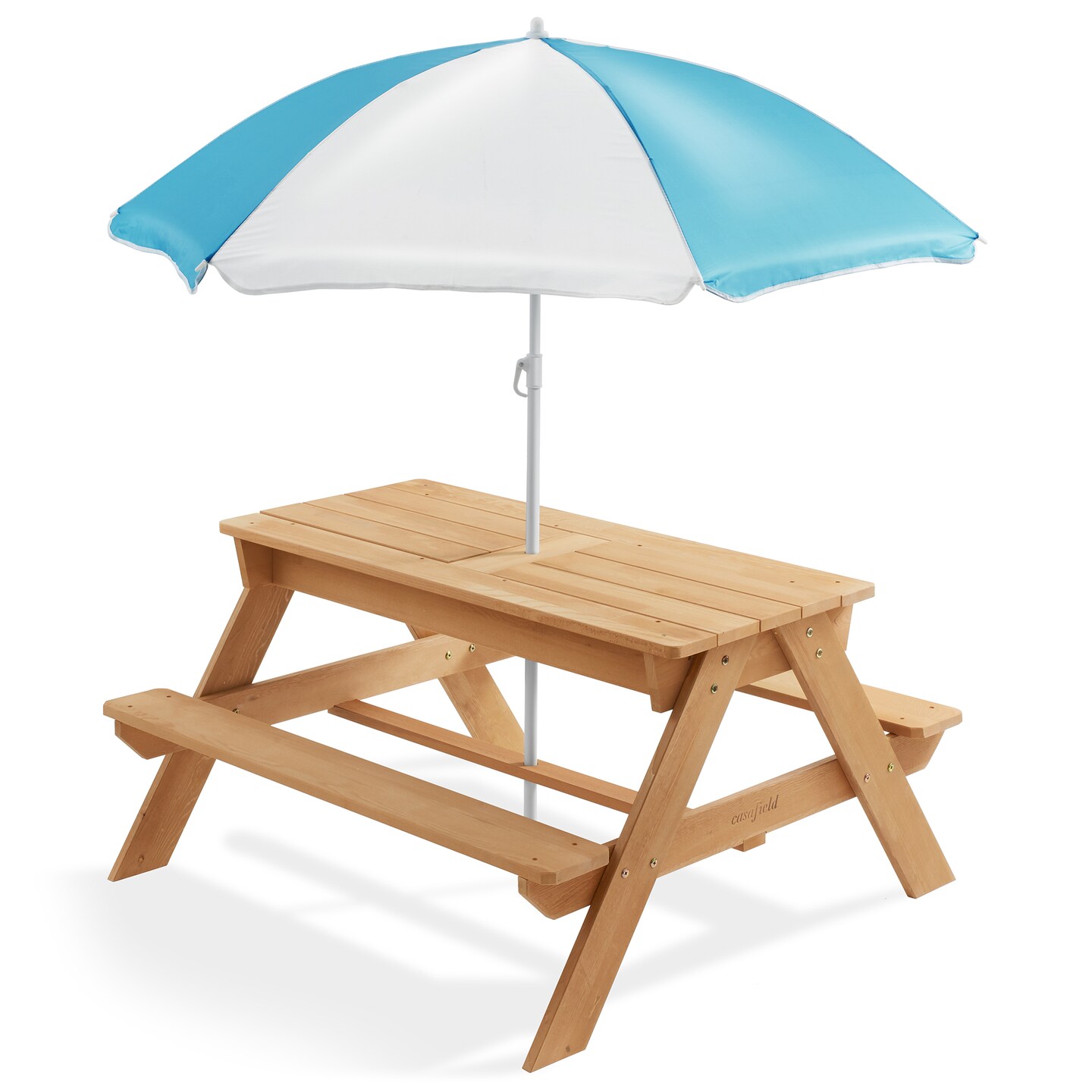 Casafield Children&#x27;s Sand and Water Activity Table, 3-in-1 Wooden Outdoor Picnic Table with Umbrella, 2 Play Boxes and Removable Lid, Natural