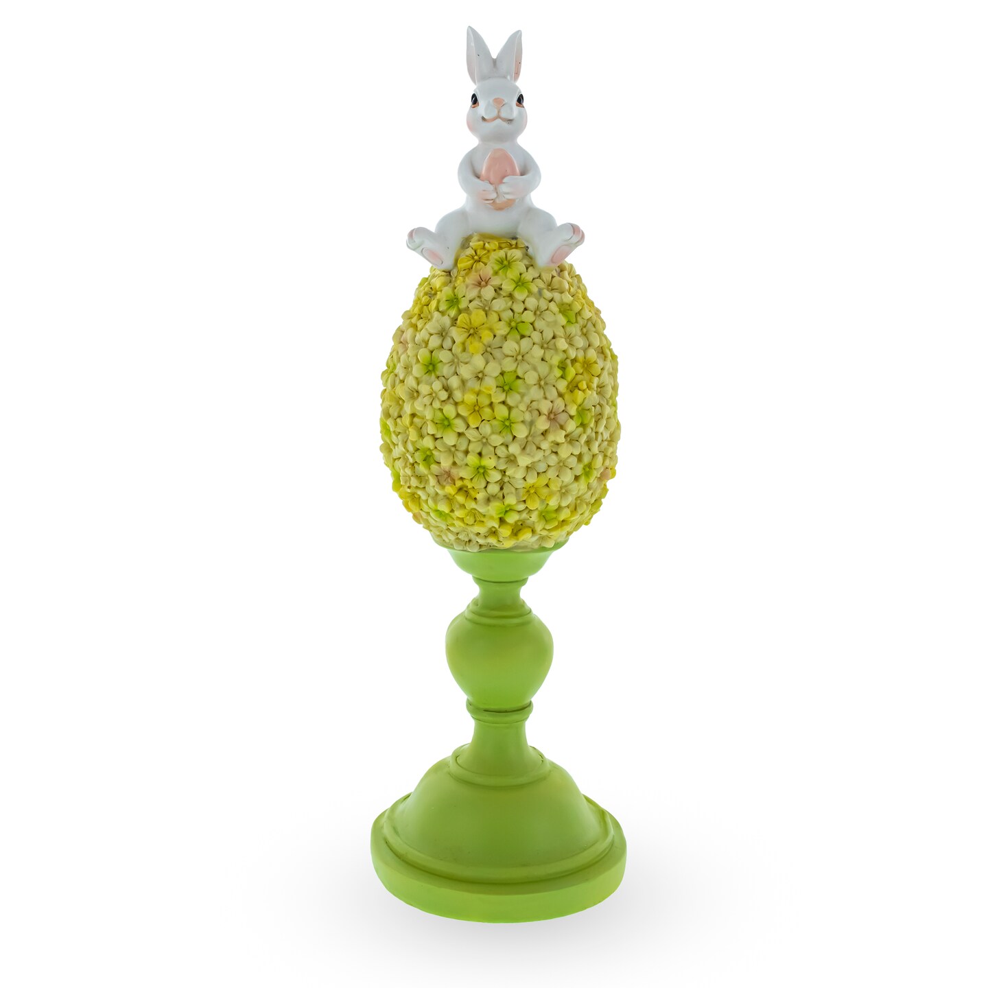 Spring Bunny Sitting on Textured Flower Easter Egg Display Stand 11.4 Inches Tall