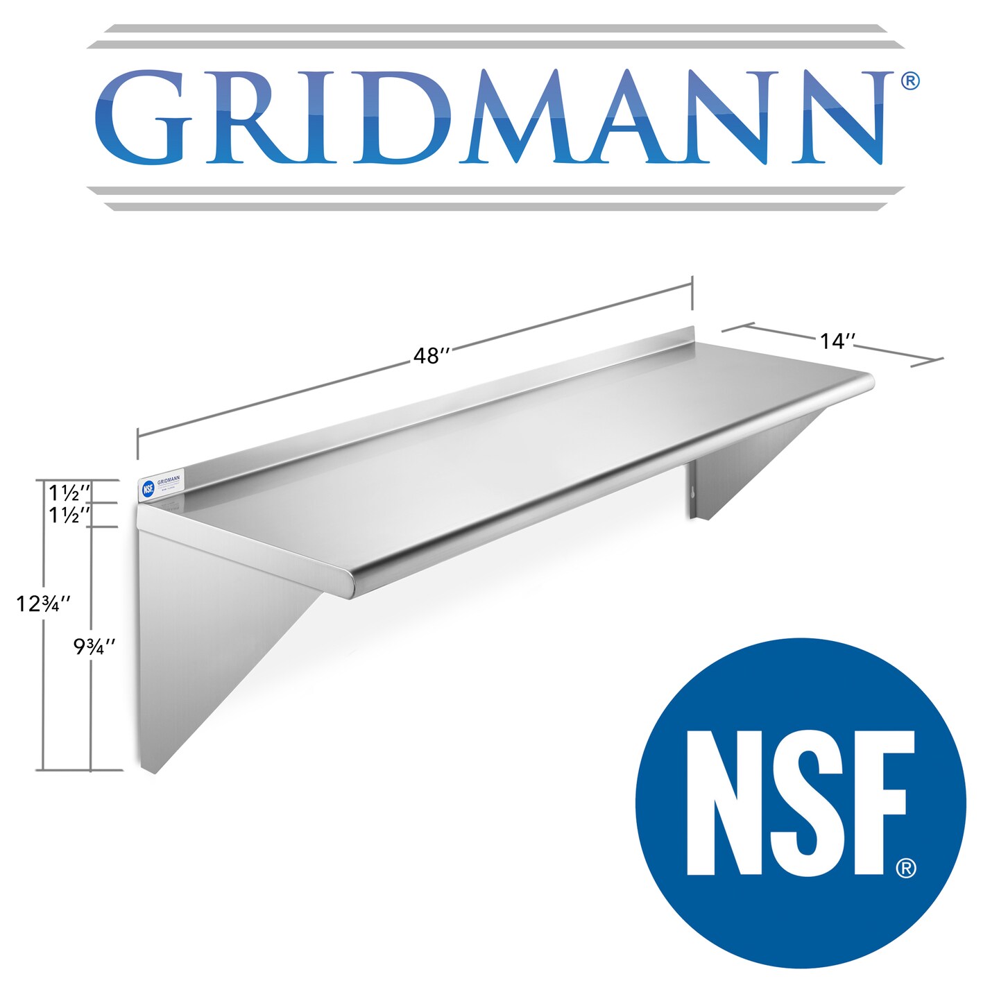GRIDMANN NSF Stainless Steel 14&#x22; Deep Kitchen Wall Mount Shelves for Commercial Restaurant Bar w/ Backsplash