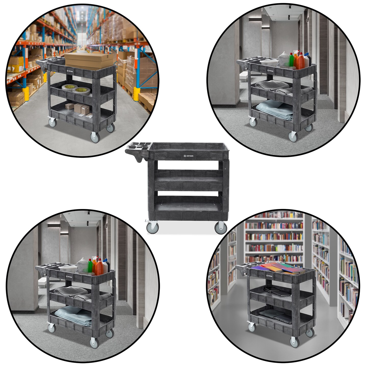 Dryser Utility Cart with Wheels, 40&#x22; x 17&#x22; Heavy Duty 550 lb. Capacity with Shelves - 3 Tier Rolling Cart with Two 5&#x22; Swivel Casters for Warehouse, Garage, Cleaning