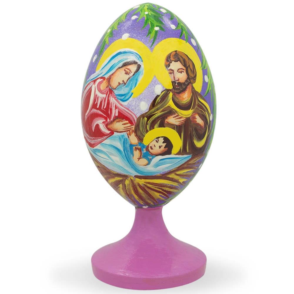 Holy Family with Baby Jesus and Christmas Bells Wooden Easter Egg Figurine