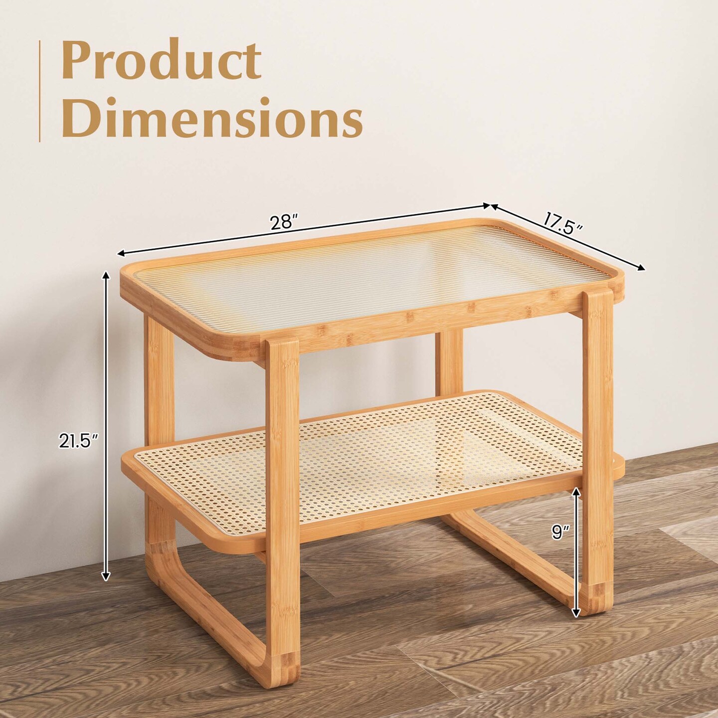 Costway Bamboo Side Table with Rattan Shelf Glass Top Nightstand Small Sofa End Table