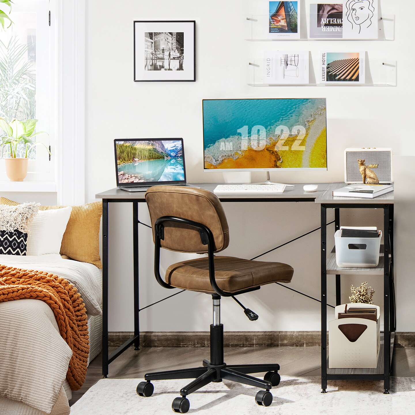 Costway 48&#x27;&#x27; Reversible L Shaped Computer Desk Home Office Table Adjustable Shelf Brown\Gray\Natural