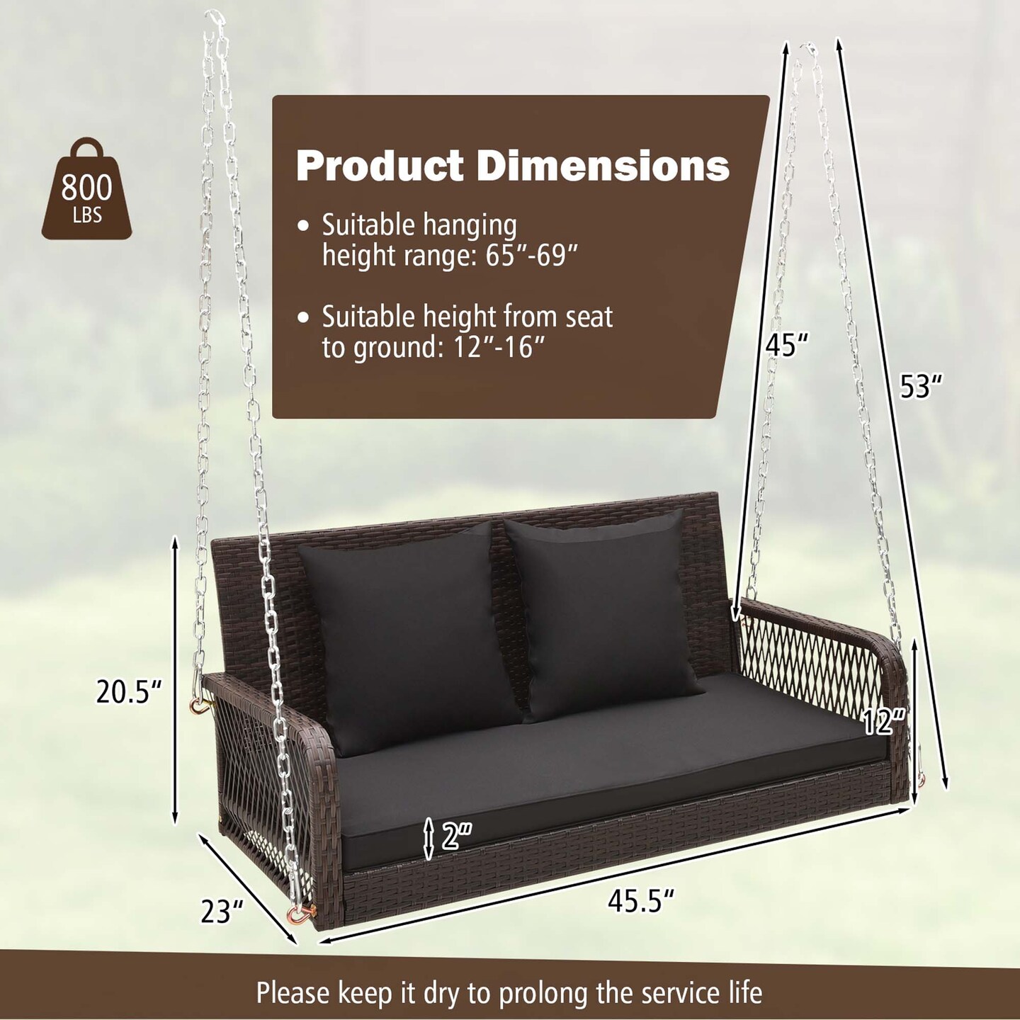 Costway Patio Wicker Porch Swing 2-Person Hanging Loveseat Bench Chair with Cushions Beige/Black