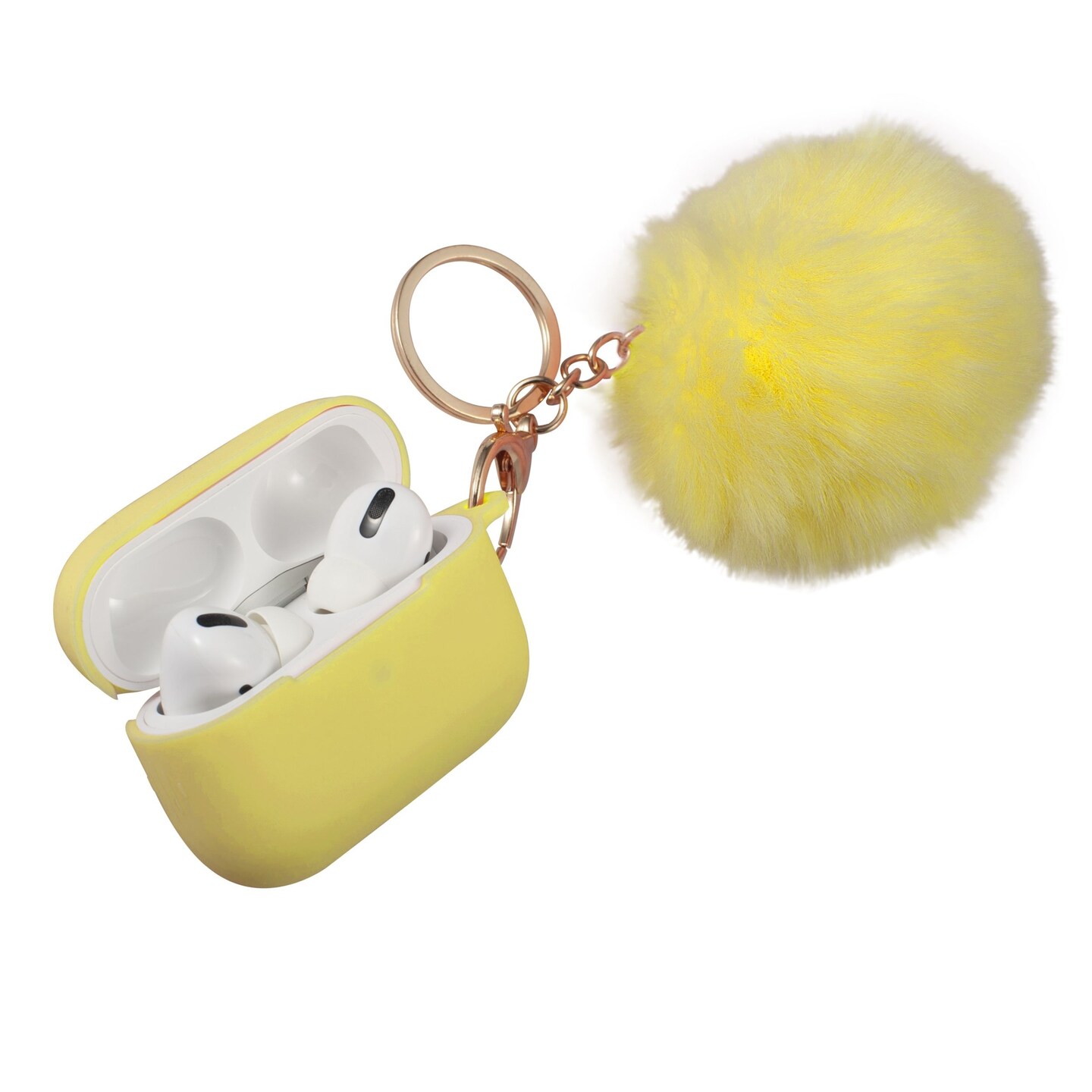 Insten Fluffy Pom Pom Case For Airpods Pro, Silicone Carry Case with Keychain &#x26; Anti-Lost Strap, Soft Touch Protective Skin Cover, Yellow
