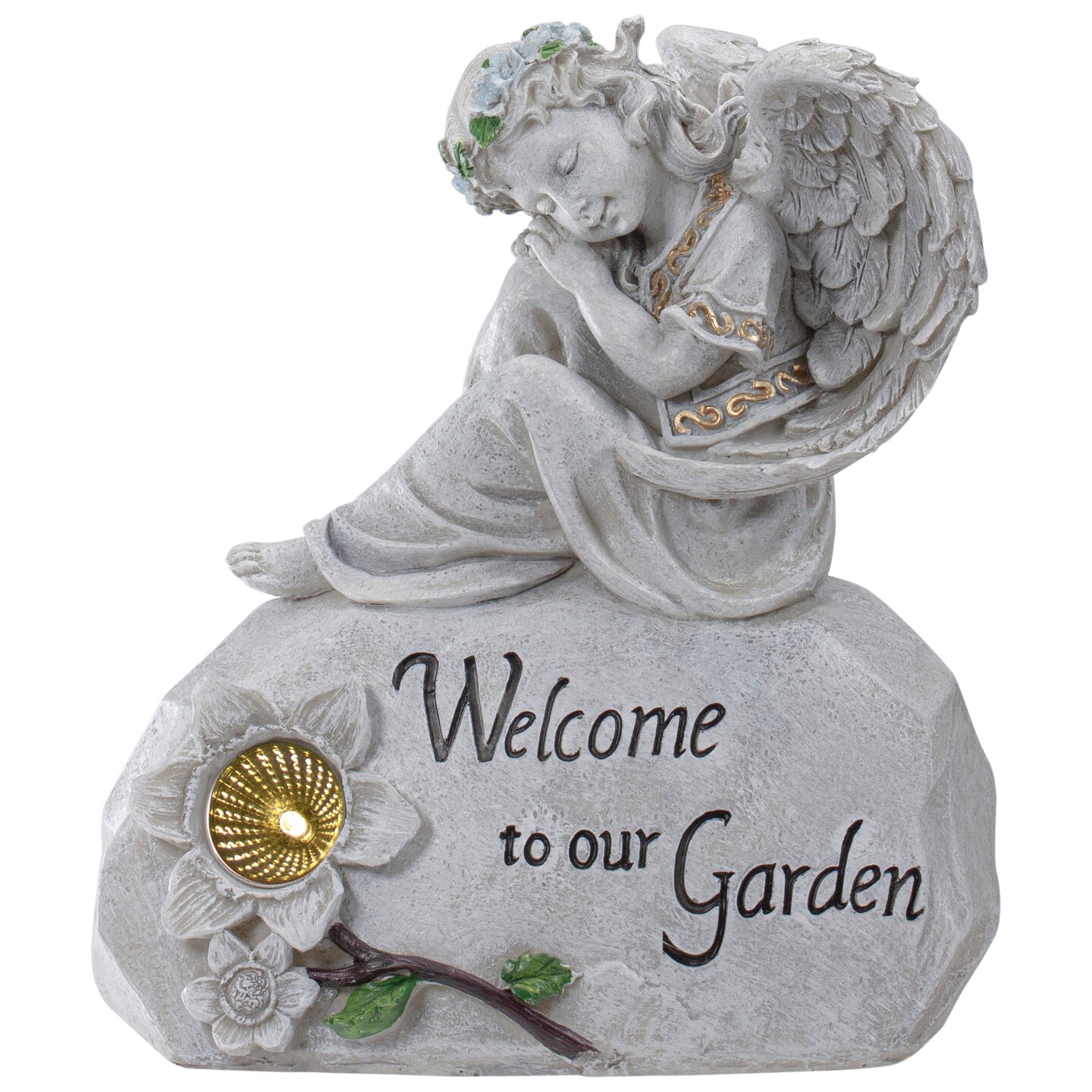 Northlight 9.25&#x22; Gray Solar Powered &#x22;Welcome to Our Garden&#x22; Angel Outdoor Garden Statue