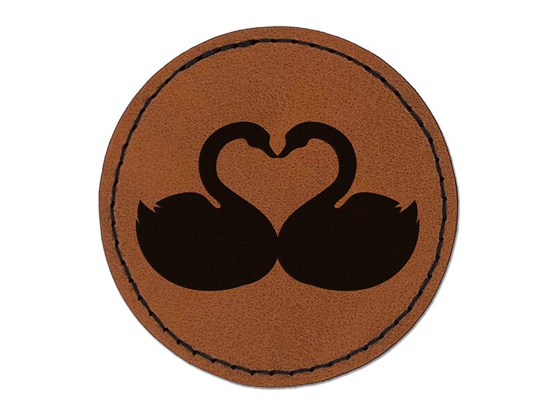 Kissing Swans Forming a Heart Round Iron-On Engraved Faux Leather Patch Applique - 2.5&#x22;