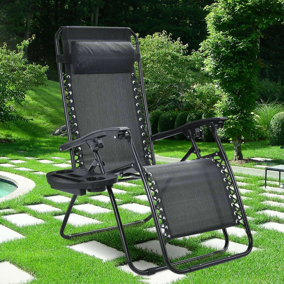 Outdoor Folding Zero Gravity Reclining Lounge Chair with Utility Tray