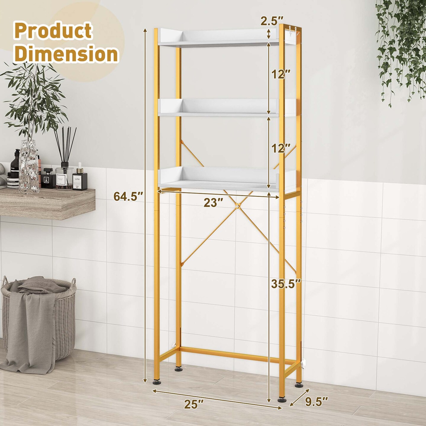 Costway 3-Tier Over-The-Toilet Bathroom Shelf Metal Frame Space Saver Rack with 4 Hooks