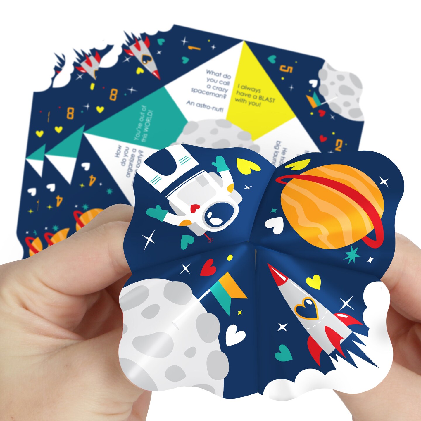 Big Dot of Happiness Blast Off to Outer Space - Rocket Ship Valentine&#x2019;s Day Party Cootie Catcher Game - Valentine Jokes for Kids Fortune Tellers - Set of 12