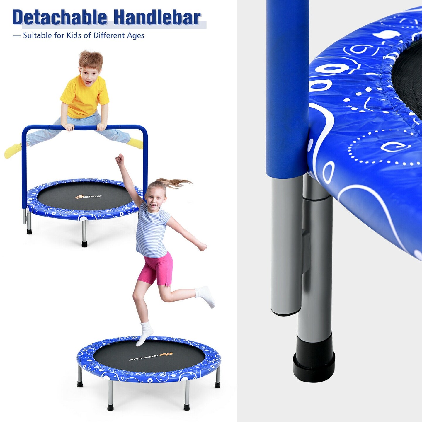 Trampoline Enfant Pliable 36 Pouces (91 Cm) - Avec Poignée Réglable Et Accoudoirs Amovibles, Charge 60 Kg, Bleu