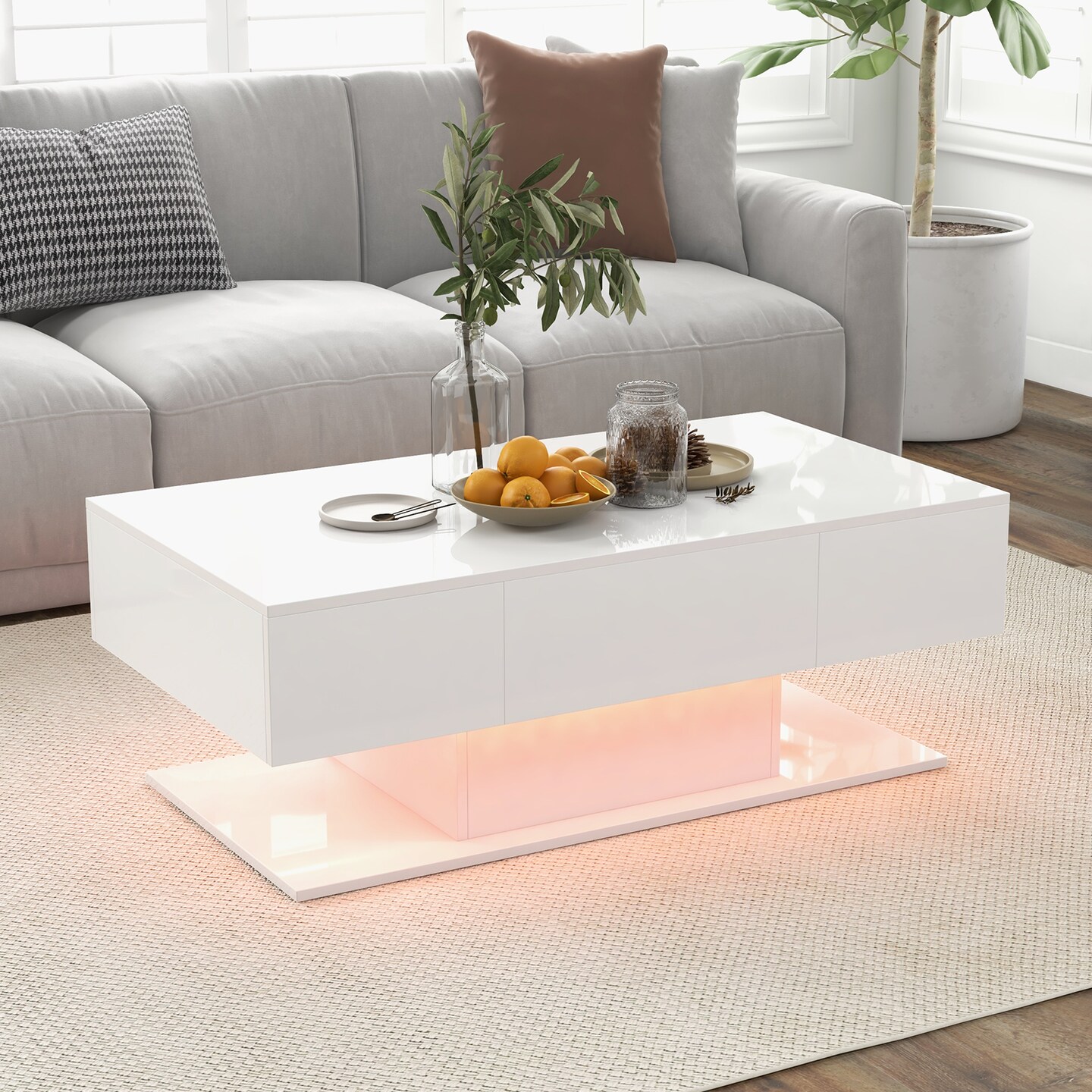Modern Led Coffee Table With 20 Color Led Lights And 2 Storage Drawers-white