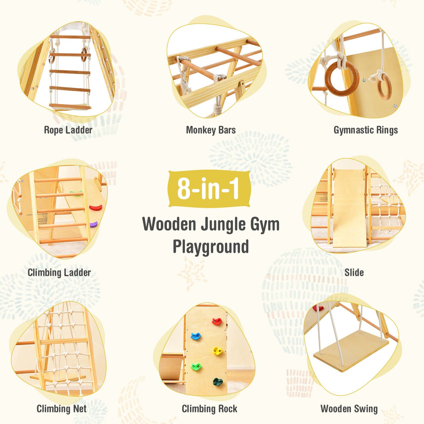 8-in-1 Wooden Jungle Gym Playset With Monkey Bars-natural