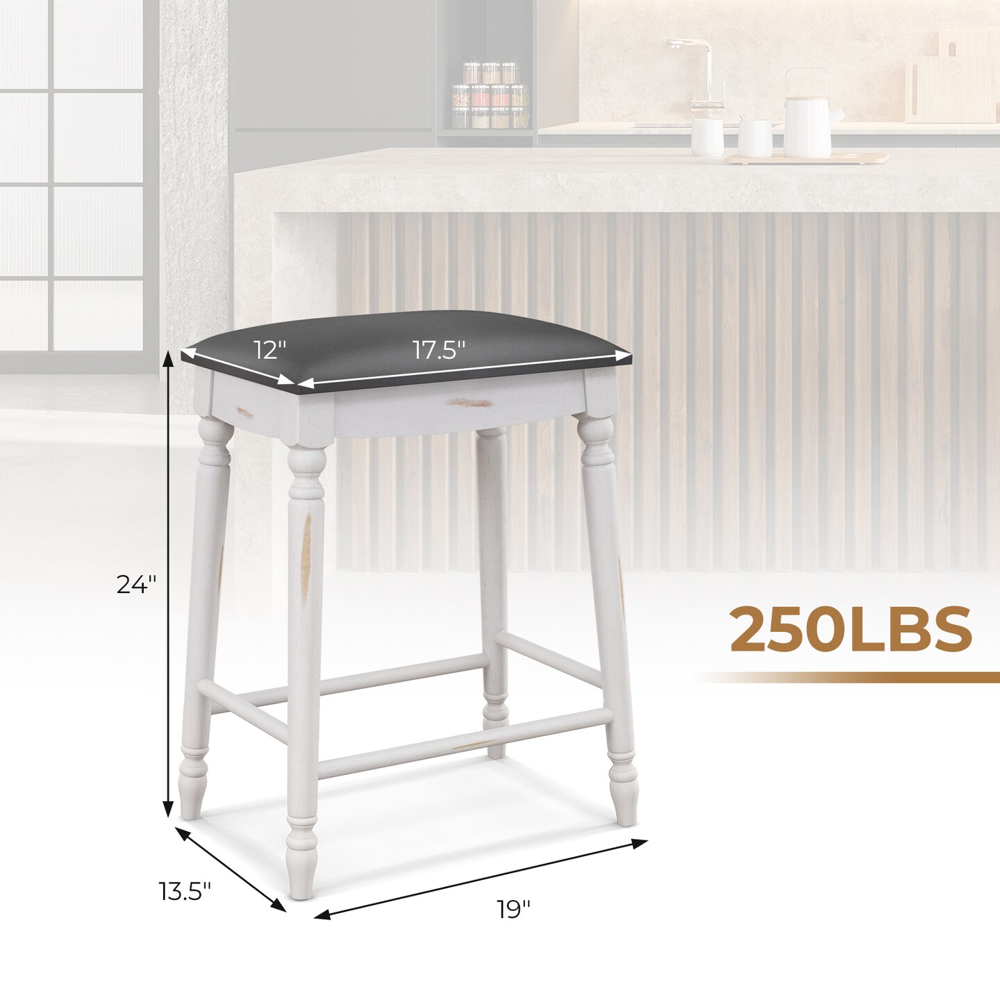 Bar Stool Set Of 2 With Padded Seat Cushions And Wood Legs