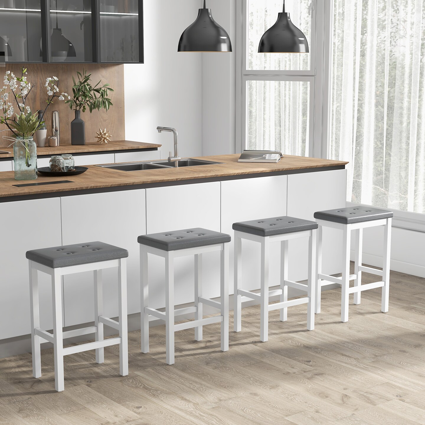 24&#x22; Bar Stools With Padded Seat Footrest And Rubber Wood Frame