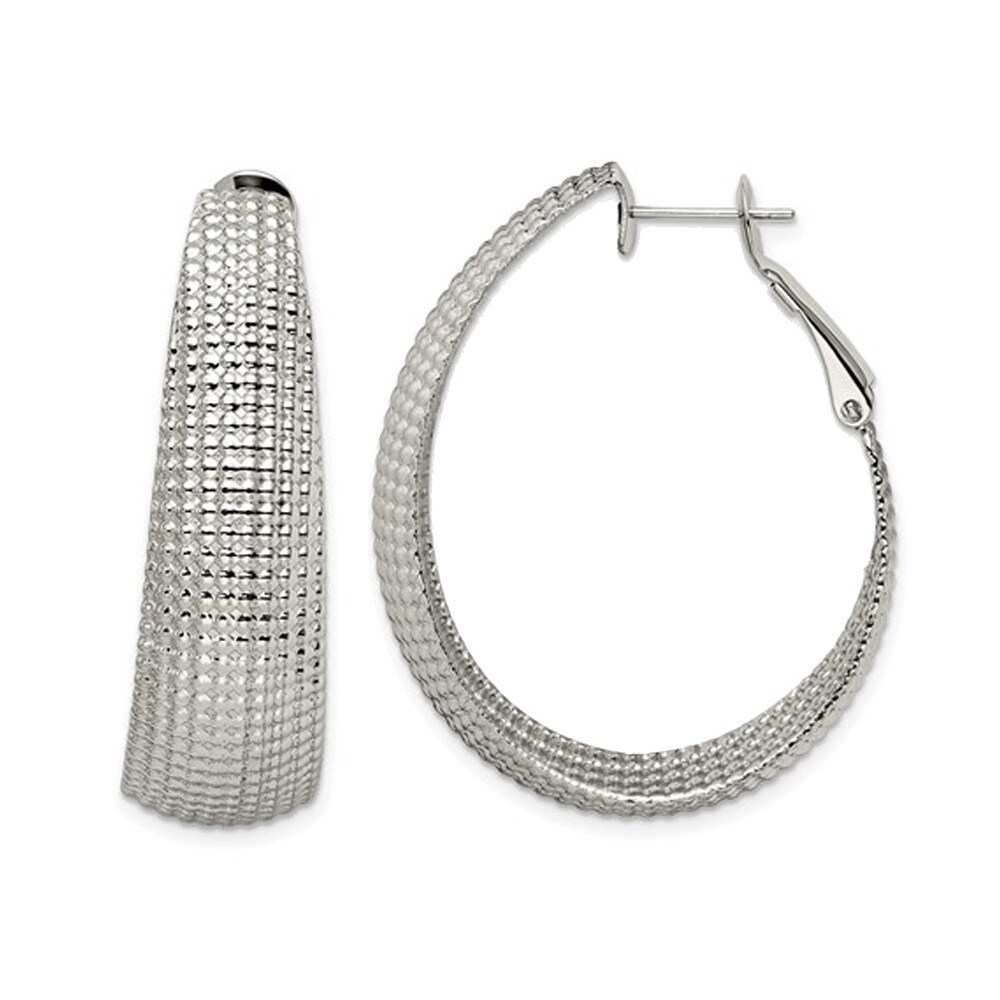 Gem And Harmony Stainless Steel Textured Oval Omega Hoop Earrings