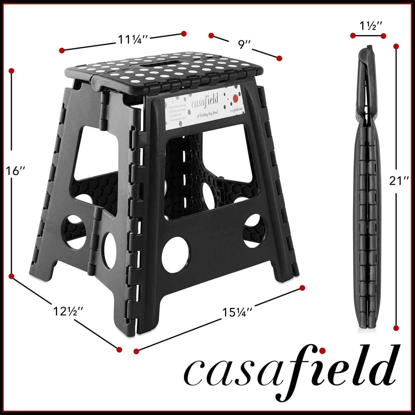 Casafield 16&#x22; Folding Step Stool with Handle, Black - Portable Collapsible Small Plastic Foot Stool for Adults - Use in the Kitchen, Bathroom and Bedroom