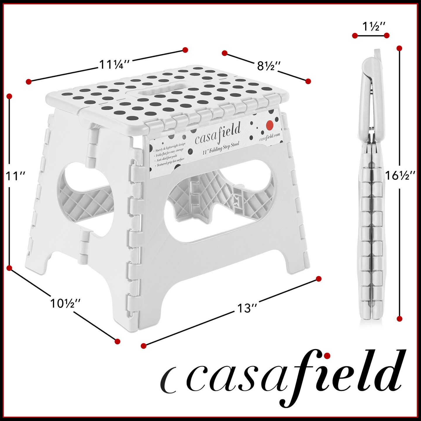 Casafield 11&#x22; Folding Step Stool with Handle, White - Portable Collapsible Small Plastic Foot Stool for Kids and Adults - Use in the Kitchen, Bathroom and Bedroom