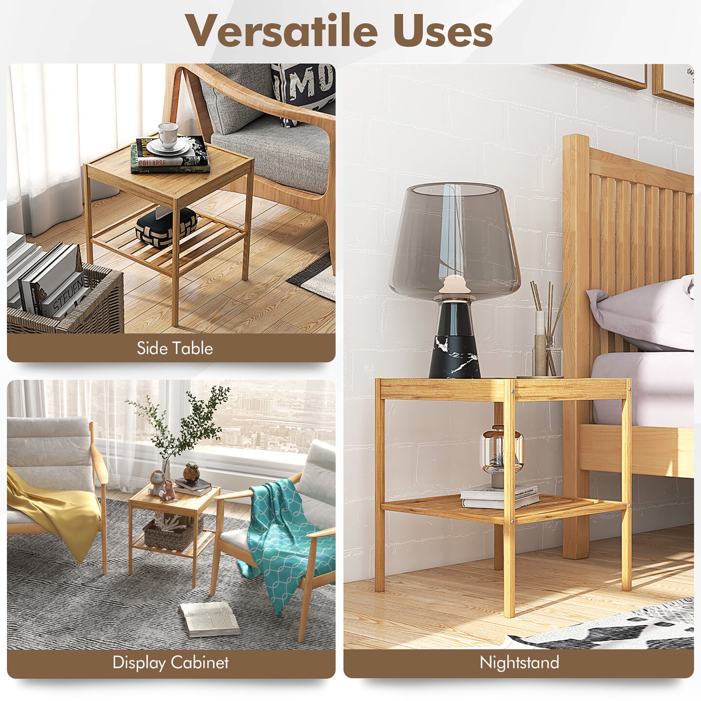 2 PCS 2-Tier Bedside End Table Bamboo Nightstand for Living Room Bedroom
