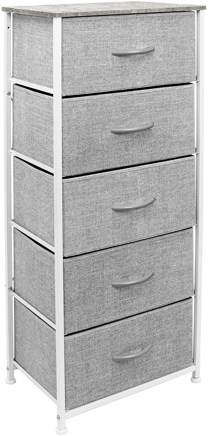 Sorbus Narrow 5 Drawers Nightstand with Steel Frame, Wood Top, Easy Pull Fabric Bins for Home, Bedroom, Office & Dorm