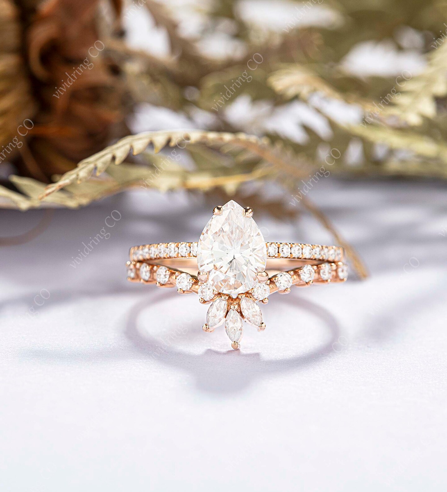 Moissanite engagement ring set, rose gold handmade bridal set, diamond wedding band, cubic zirconia wedding ring for women