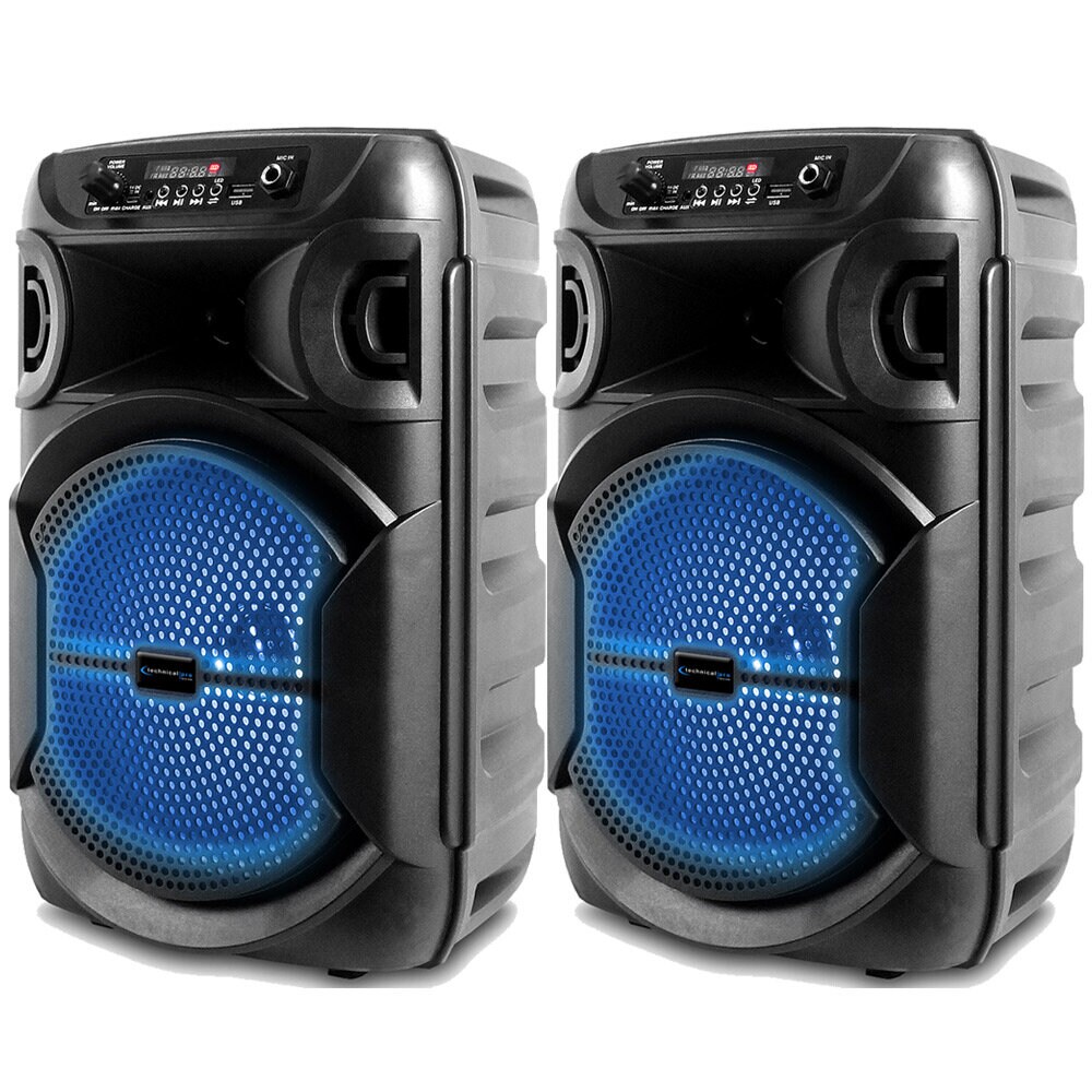 Technical Pro 2 Set   8 Inch Portable 1000 watts Bluetooth Speaker w/ Woofer and Tweeter Party PA LED Speaker w/