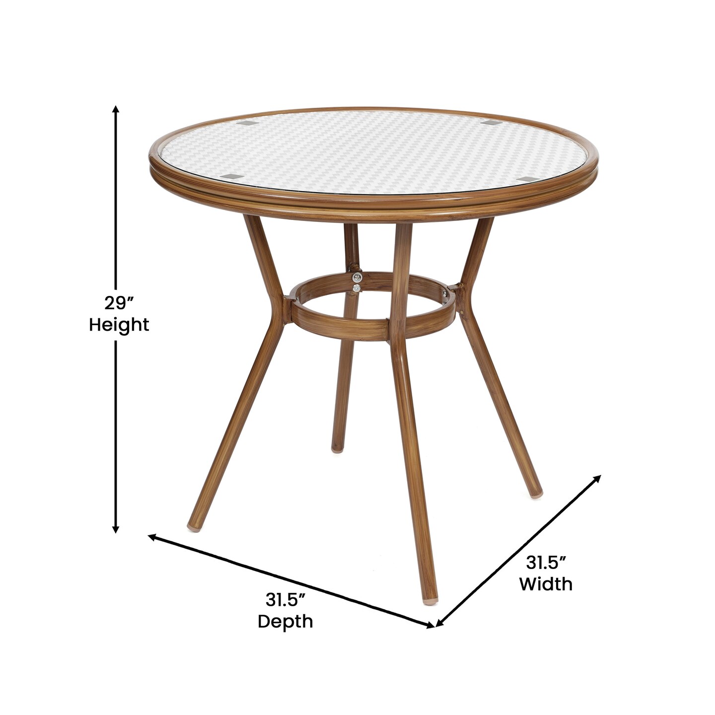 Merrick Lane Celia Bistro Style Table with Glass Top, PE Rattan, 4 Stack Chairs, and Bamboo Finished Metal Frame for Indoor/Outdoor Use