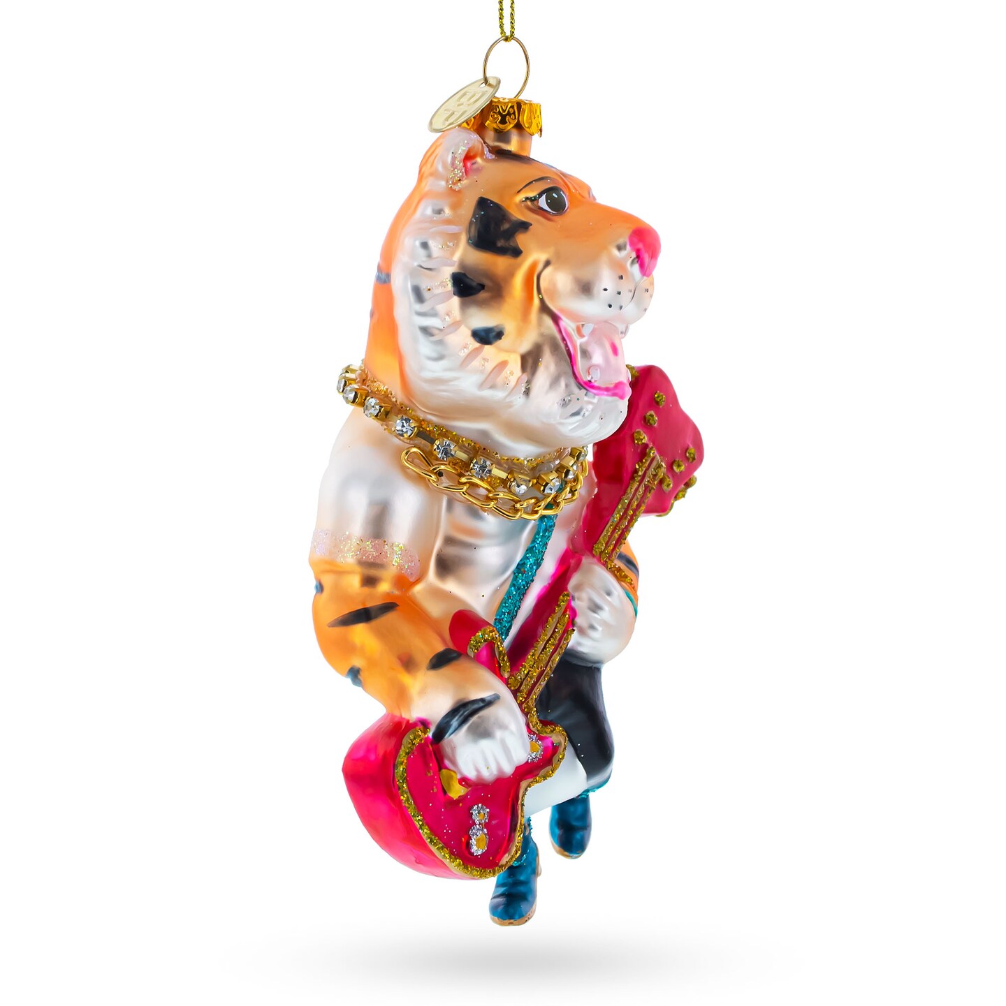 Tiger Playing Bass Guitar Blown Glass Christmas Ornament