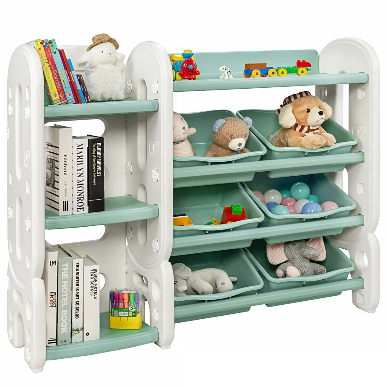Gymax Kids Toy Storage Organizer w/Bins and Multi-Layer Shelf for Bedroom Playroom Blue/Green