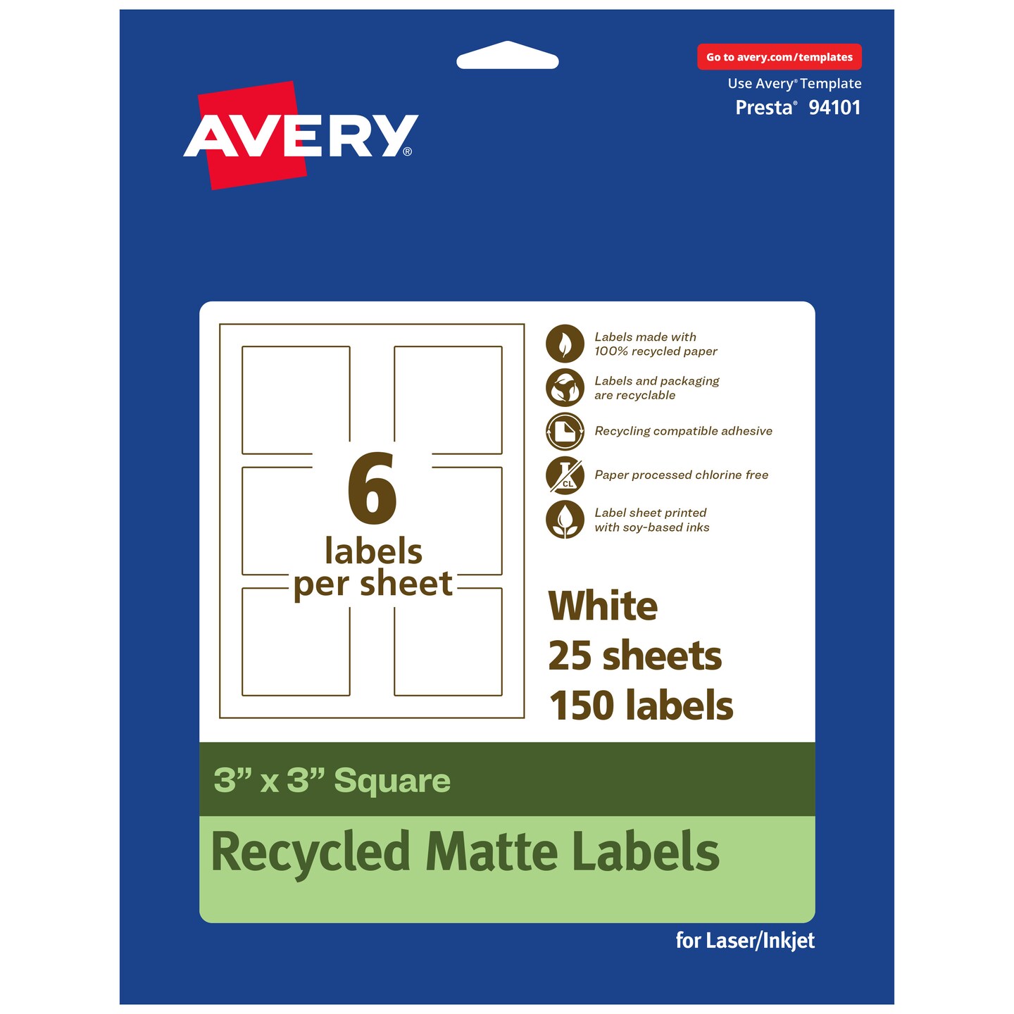 Avery Recycled Matte White Labels,  3&#x22; x 3&#x22; Square