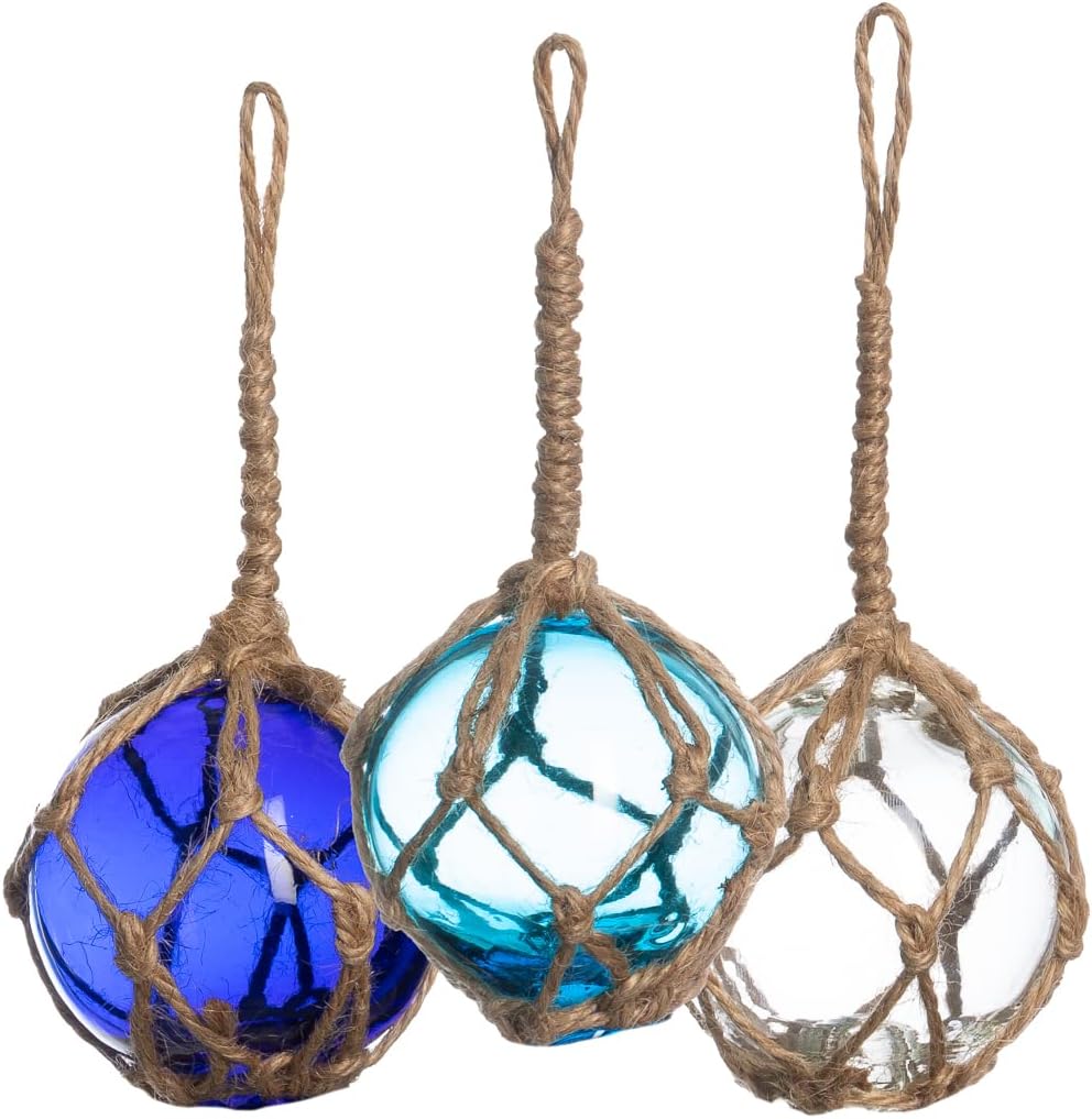 Japanese Glass Fishing Floats Ball - 3" Aqua Cobalt and White (3 Pack) - Glass Buoys With Rope