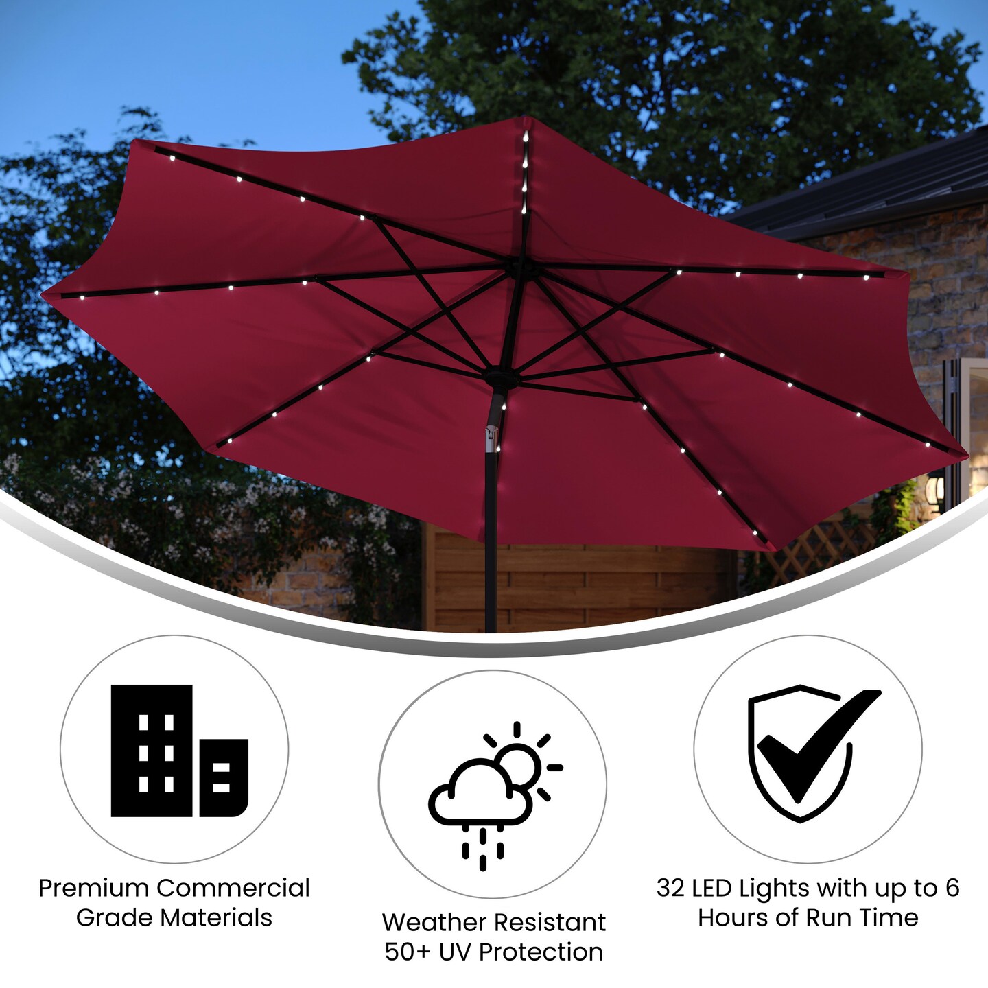 Merrick Lane Kinsley 9 FT Solar Patio Umbrella with LED Lights, Crank Handle and Push Button Tilt