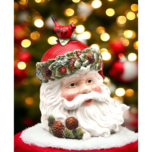 Ceramic Santa Cookie Jar With Cardinal 8.25 X 10.75 Holiday Gift