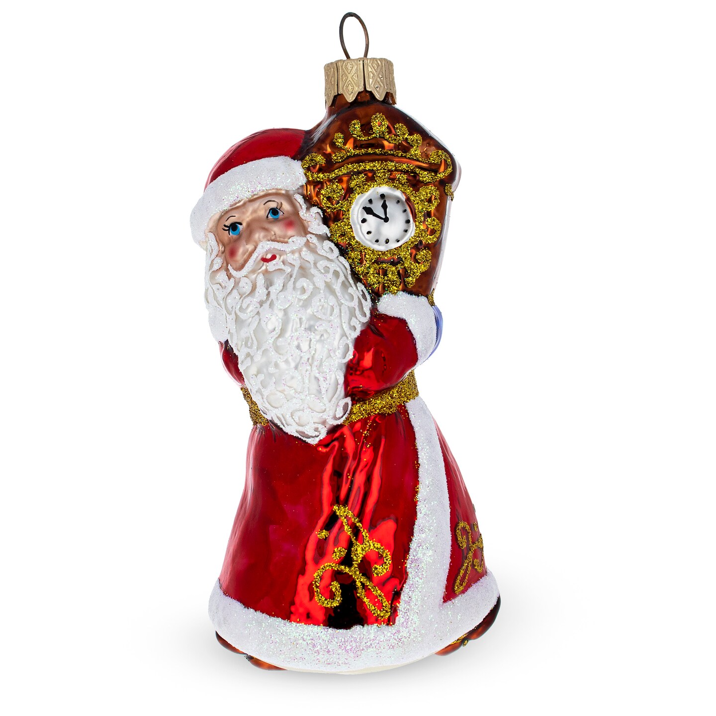 Santa with Clock Glass Christmas Ornament