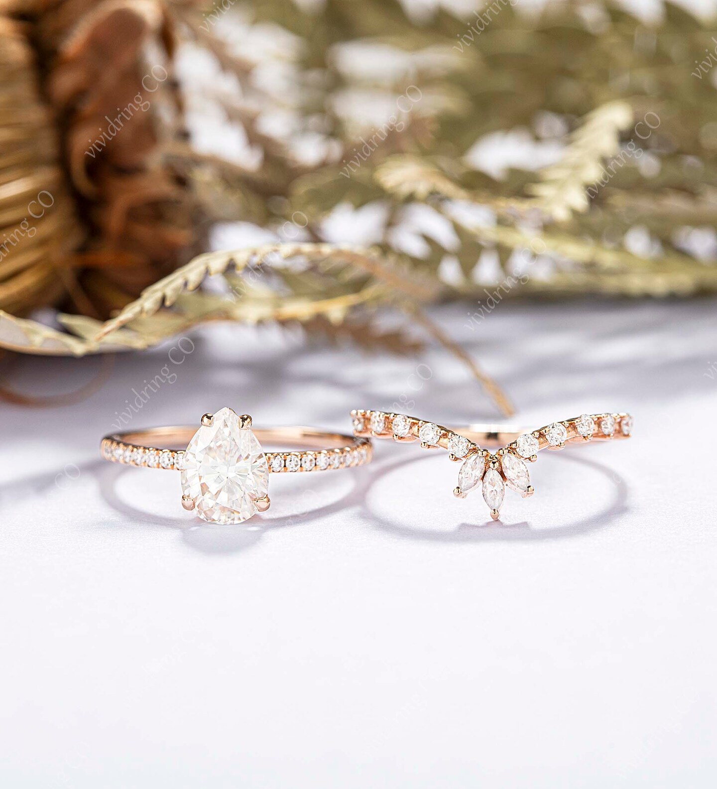 Moissanite engagement ring set, rose gold handmade bridal set, diamond wedding band, cubic zirconia wedding ring for women product 3
