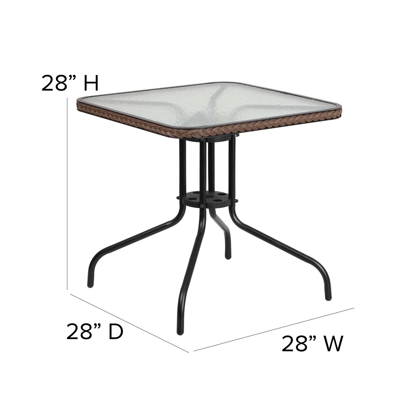 Emma and Oliver 28" Square Tempered Glass Metal Table with Rattan Edging