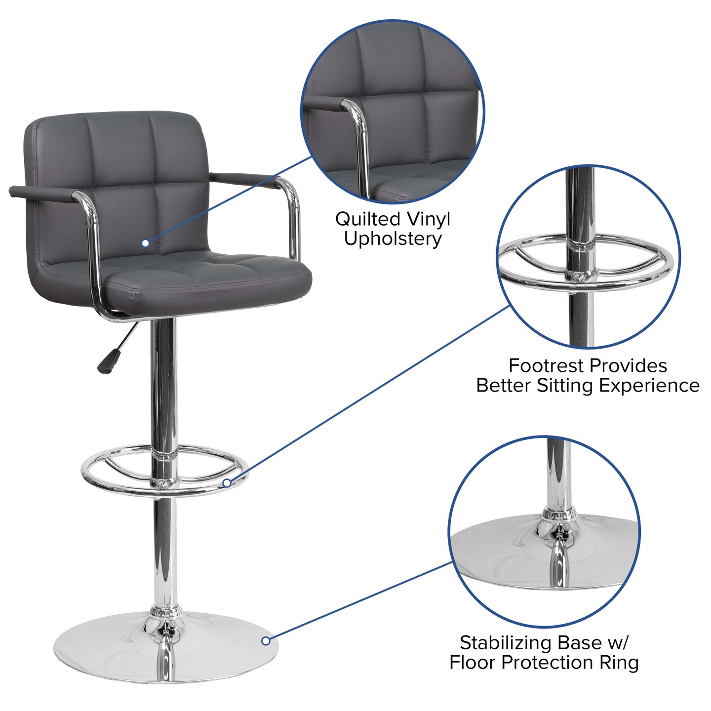 Emma and Oliver Contemporary Quilted Vinyl Adjustable Height Barstool with Arms