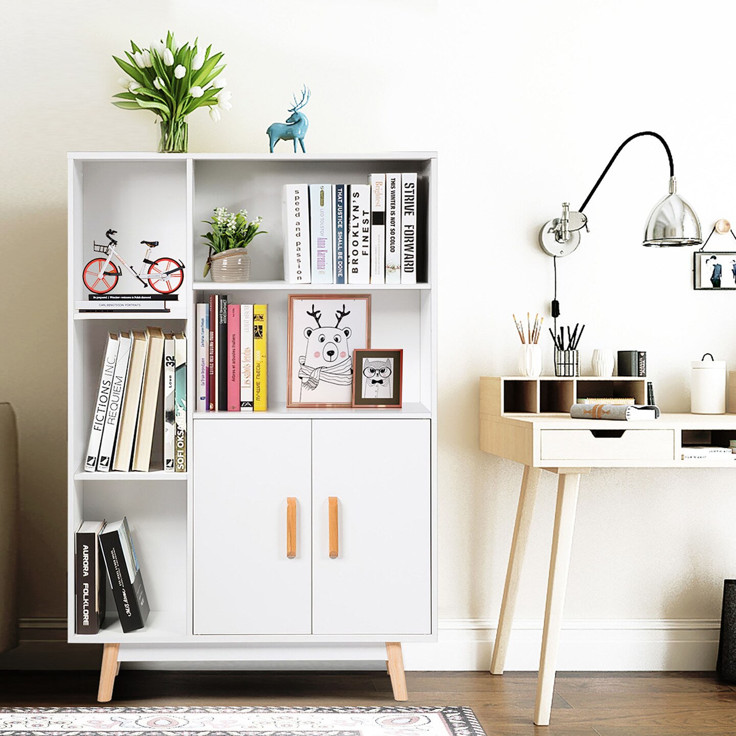 Costway Floor Storage Cabinet Free Standing Wooden Display Bookcase Side Decor Furniture