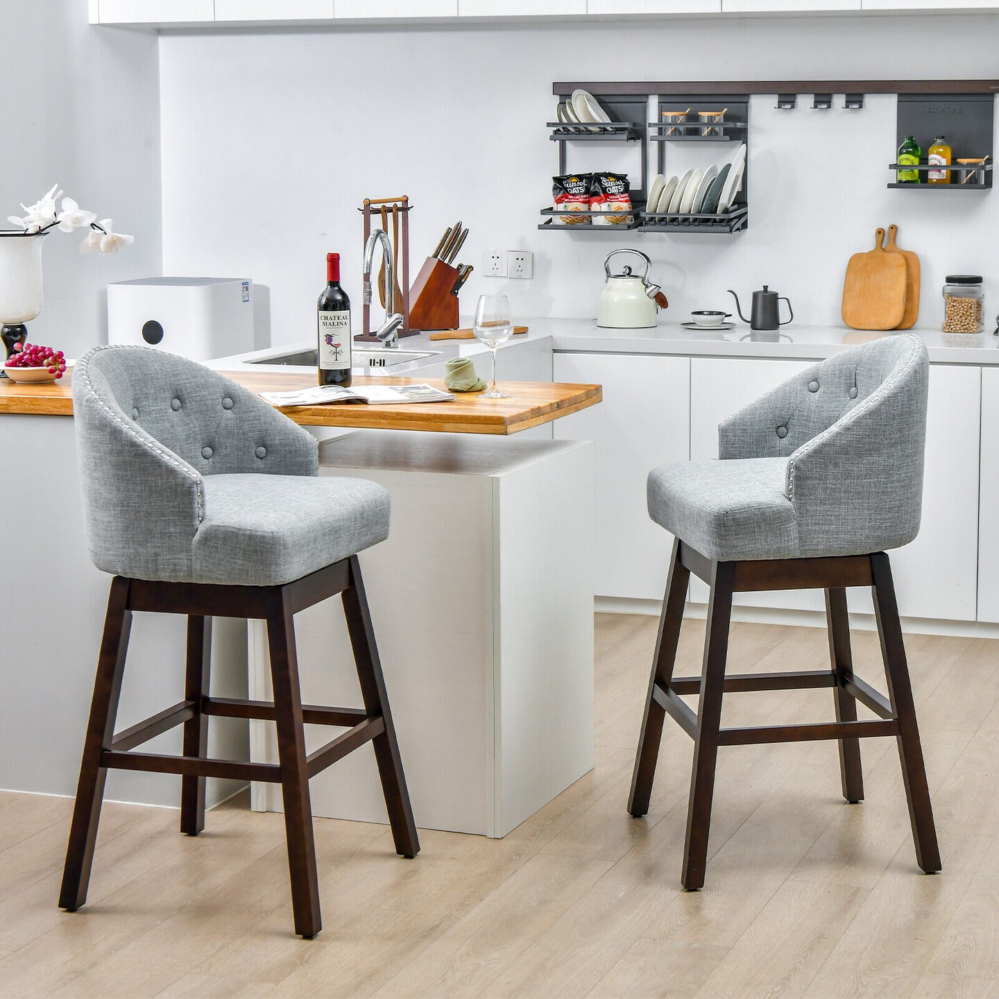 Set of 2 Swivel Bar Stools Tufted Bar Height Pub Chairs with Rubber Wood Legs