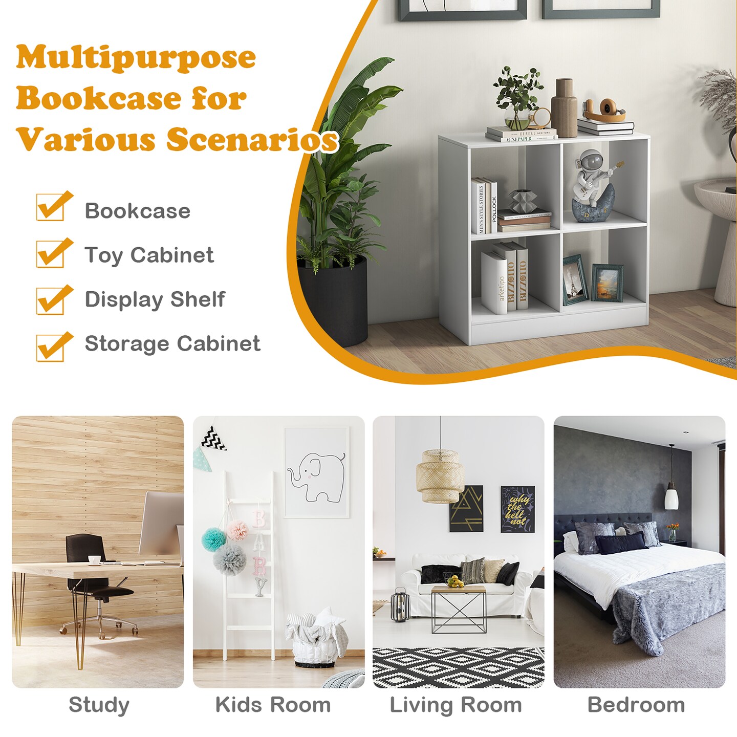 Costway Kids Toy Storage Organizer 4-Cube Wooden Display Bookcase with Anti-toppling Device