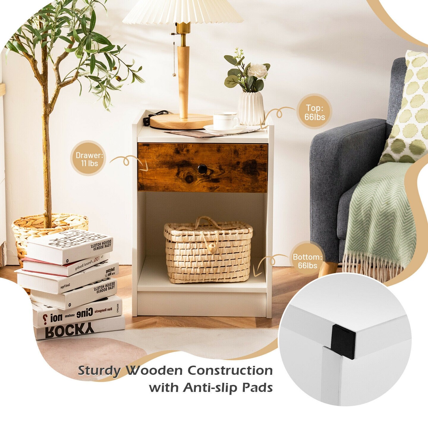 Set of 2 End Side Table Nightstand with Sliding Drawer and One Open Compartment