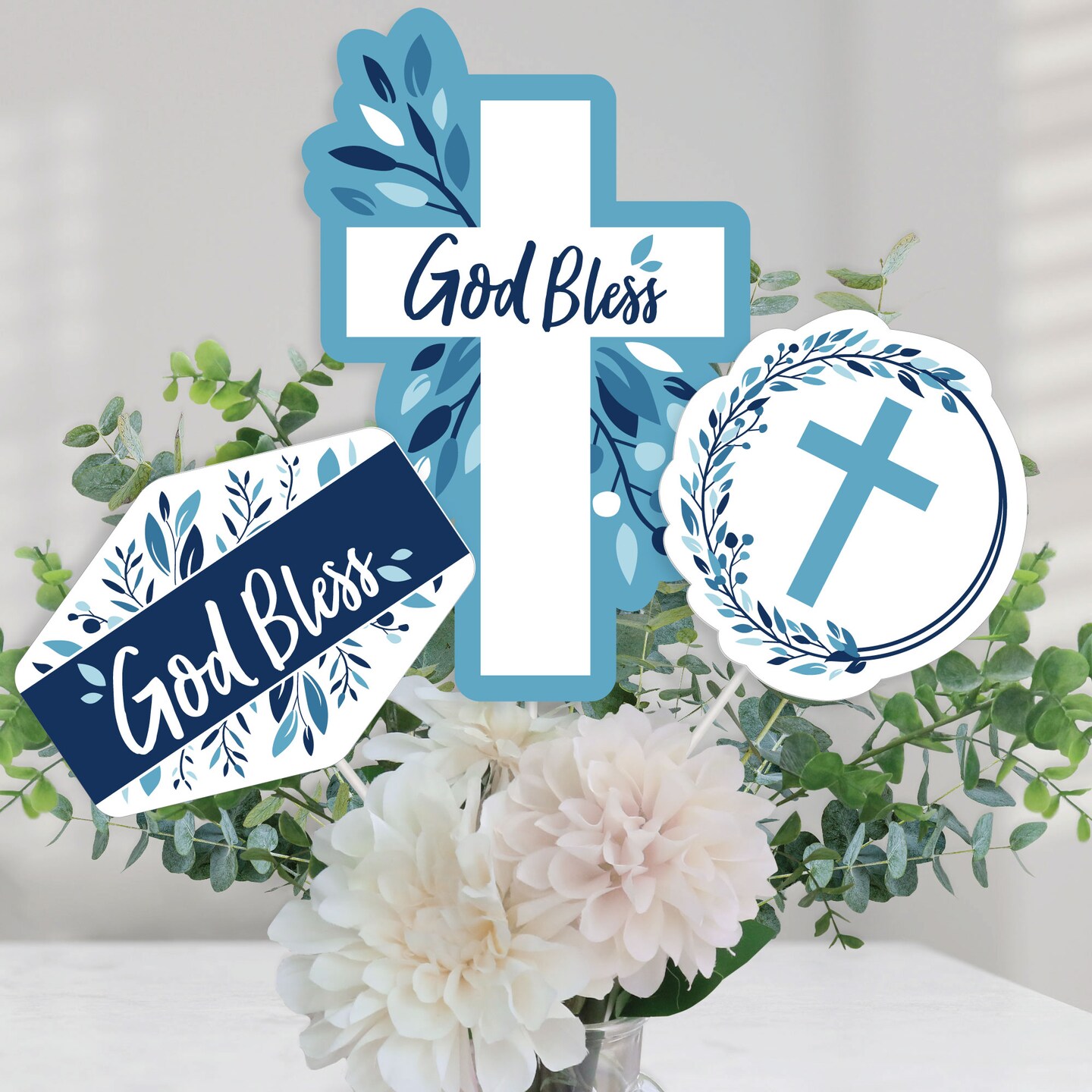 Big Dot of Happiness Baptism Blue Elegant Cross - Boy Religious Party Centerpiece Sticks - Table Toppers - Set of 15