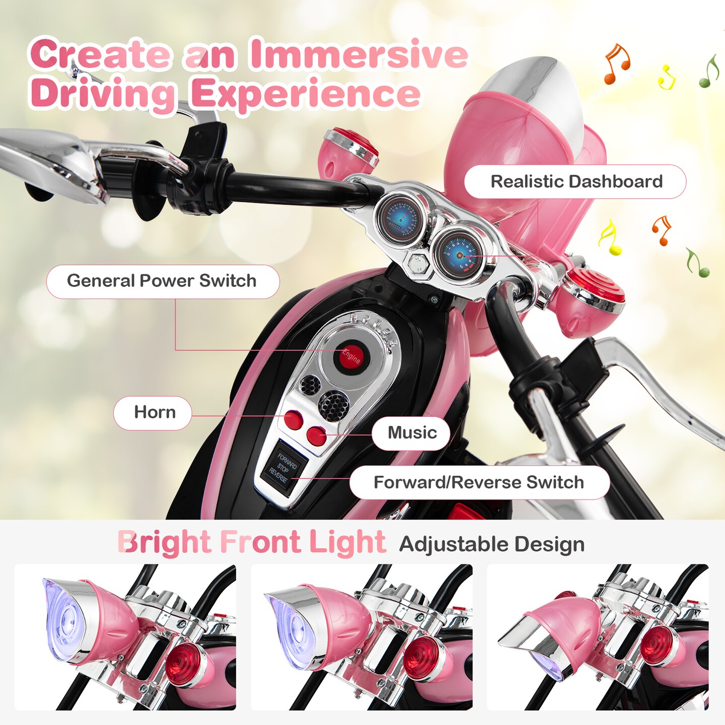 6V Chopper Style Motorcycle with Bright Headlight and Cheering Music Perfect Gift to Kids