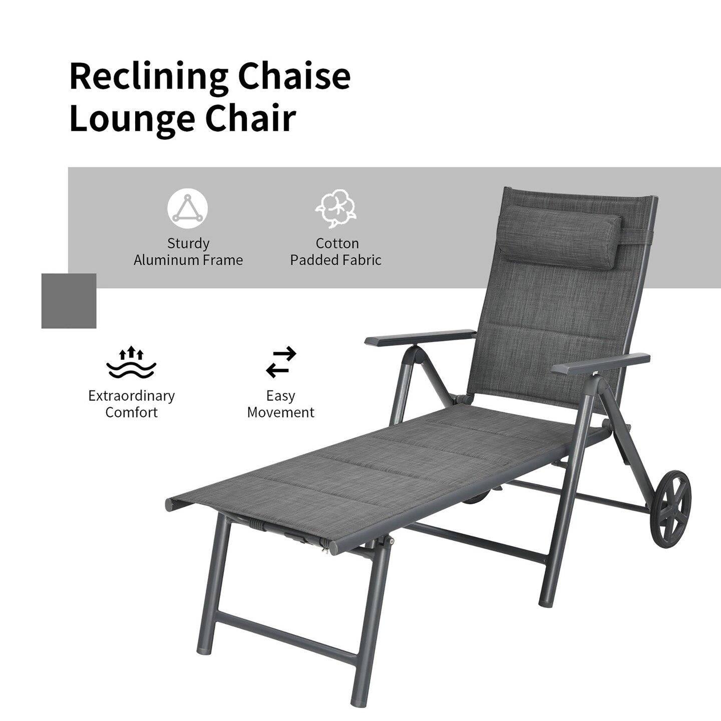 Costway Patio Reclining Chaise Lounge Padded Chair Aluminum Adjust Neck Pillow