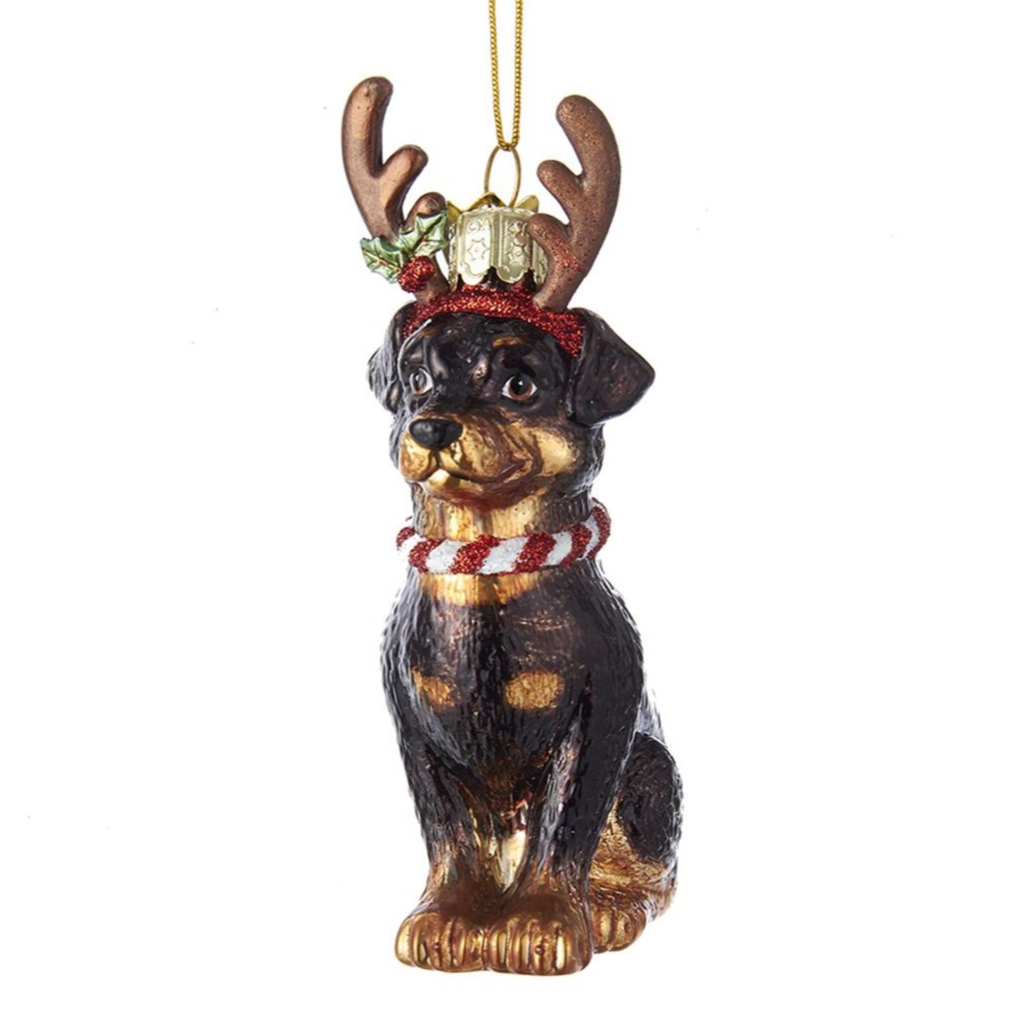 CC Christmas Decor Pack of 8 Dark Brown and Tan Rottweiler with Antlers Glass Ornaments 4&#x22;