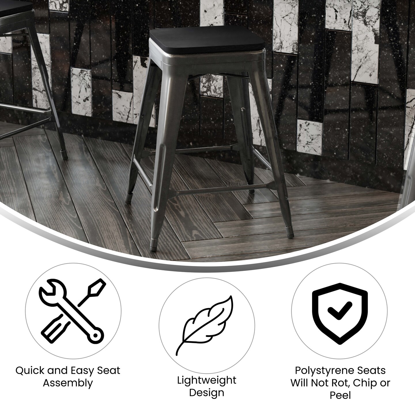 Emma and Oliver Kam Backless Metal Indoor-Outdoor Stool with All-Weather Polystyrene Seat