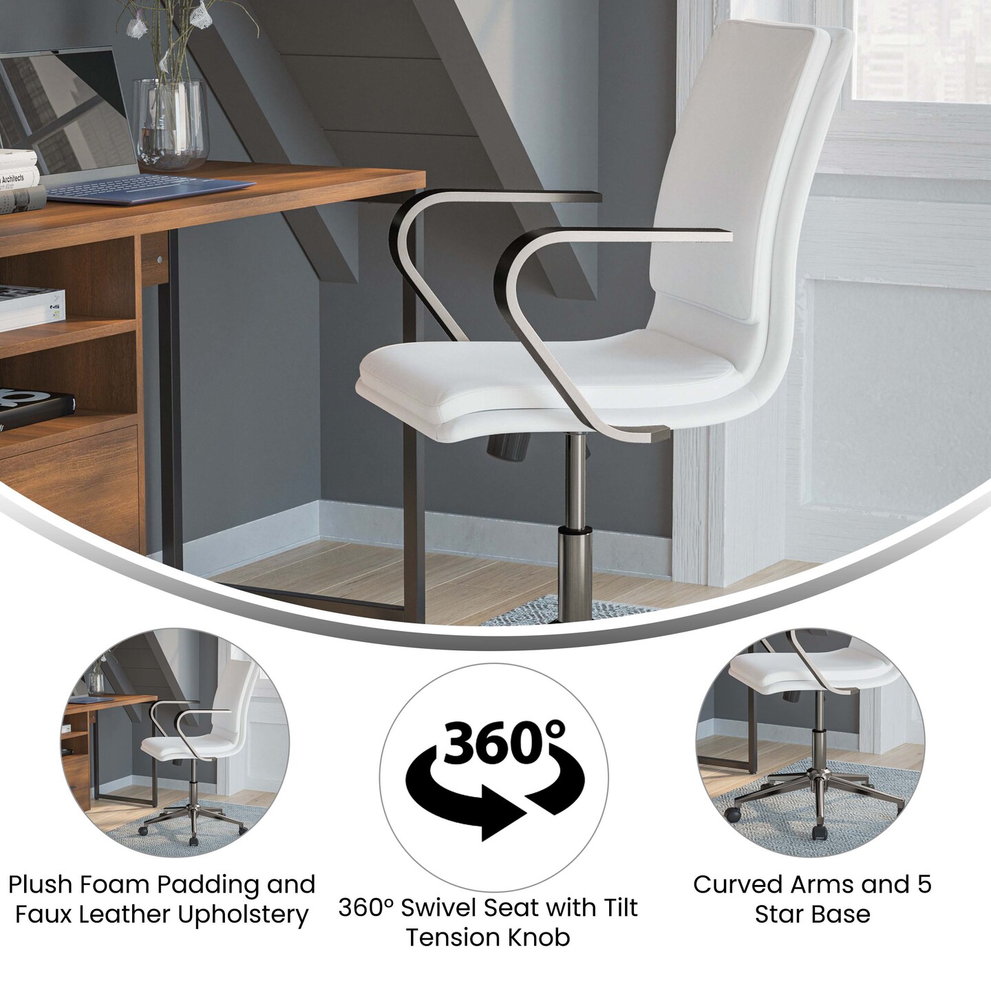 Merrick Lane Artemis Mid-Back Home Office Chair with Armrests, Height Adjustable Swivel Seat and Five Star Base