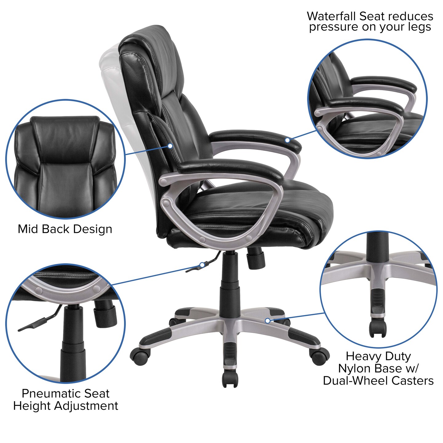 Emma and Oliver Mid-Back Faux Leather Executive Swivel Office Chair with Padded Arms